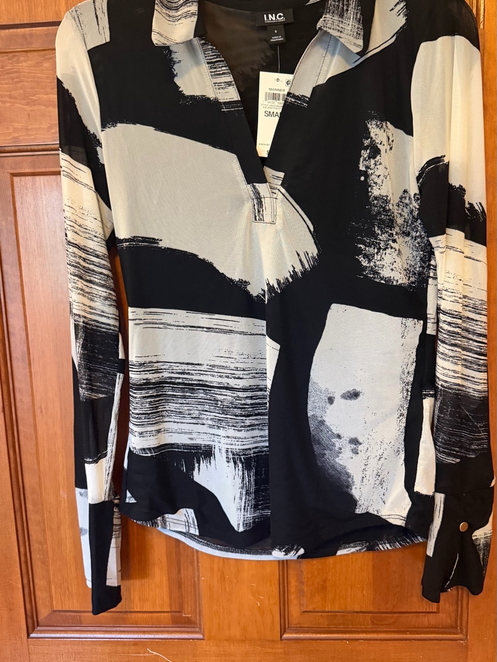 INC International Concepts Black and White Abstract Brushstroke collared v neck